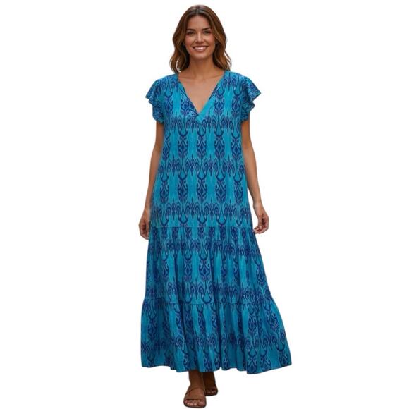La Plage Bailey Tiered Maxi Dress Cotton Batik Leaf Blue coastal Boho Size XS - Picture 1 of 11
